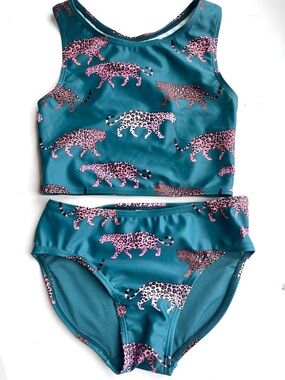 NWOT NEXT Direct size 10 Kids Teal Two-Piece Swim Set with Pink Leopard Print